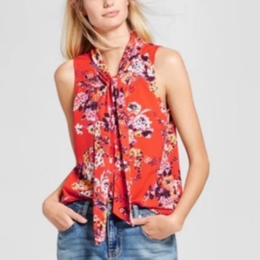 A New Day sleeveless Neck Tie  Floral Blouse Size XL